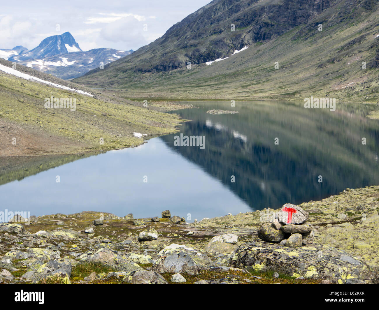 Il Svartdalen dans un col de montagne Parc national de Jotunheimen en Norvège, aride paysage alpin avec T-sentier marqué et le lac Banque D'Images