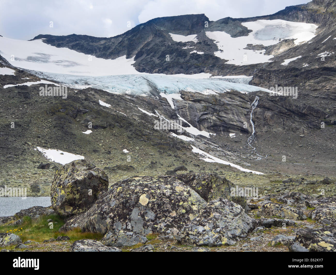 Montagne Glacier vu de la randonnée à travers la vallée de Svartdalen, haut col de montagne, le parc national de Jotunheimen Norvège Banque D'Images