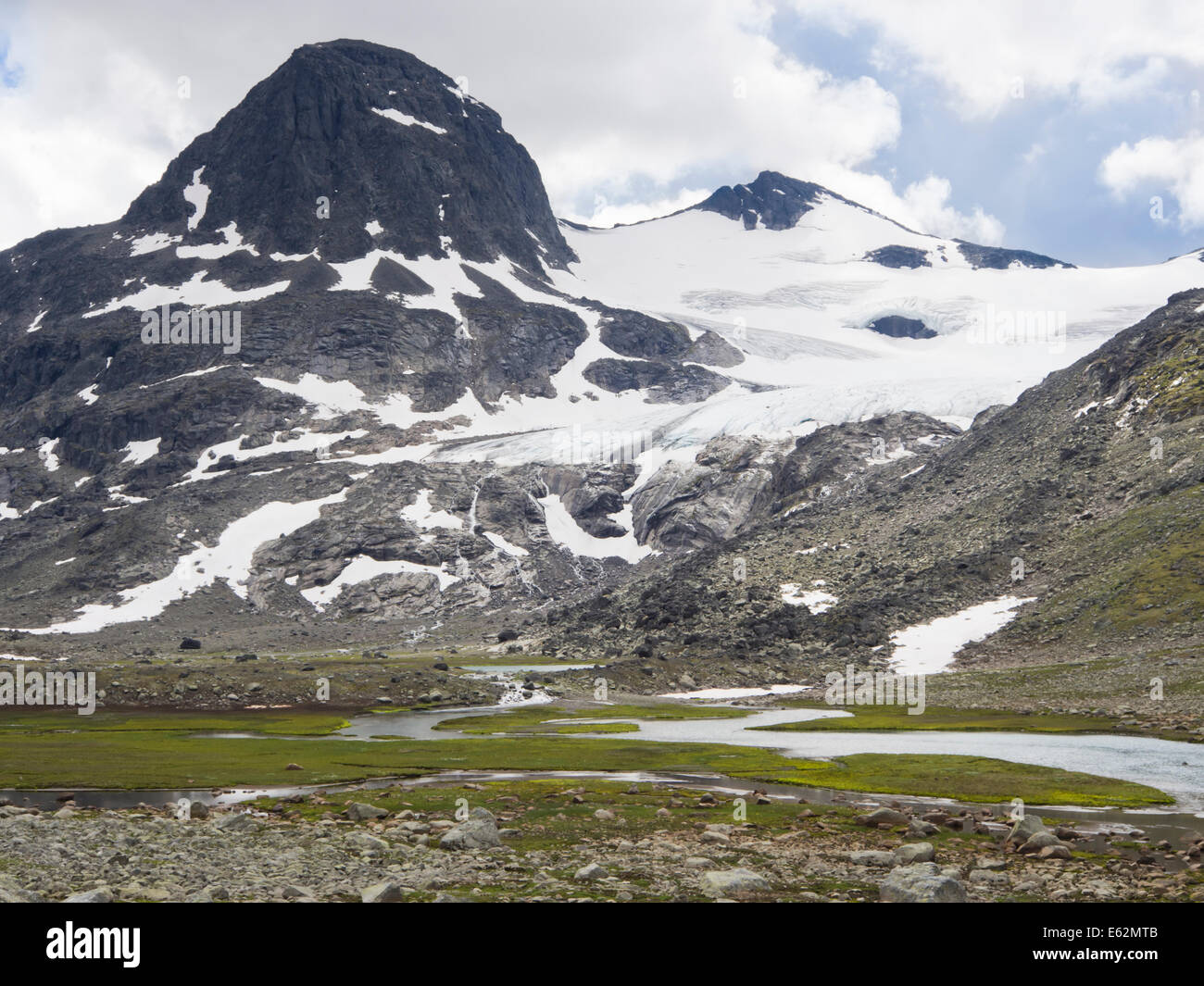 Rivière et Montagne Glacier vu de la randonnée à travers la vallée de Svartdalen, haut col de montagne, le parc national de Jotunheimen Norvège Banque D'Images