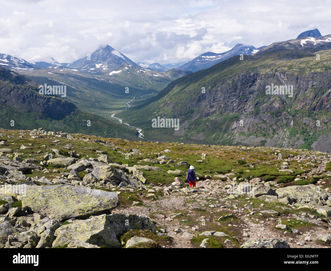 Le parc national de Jotunheimen Norvège,female hiker descendre dans une vallée verdoyante sur un jour d'été ensoleillé Banque D'Images
