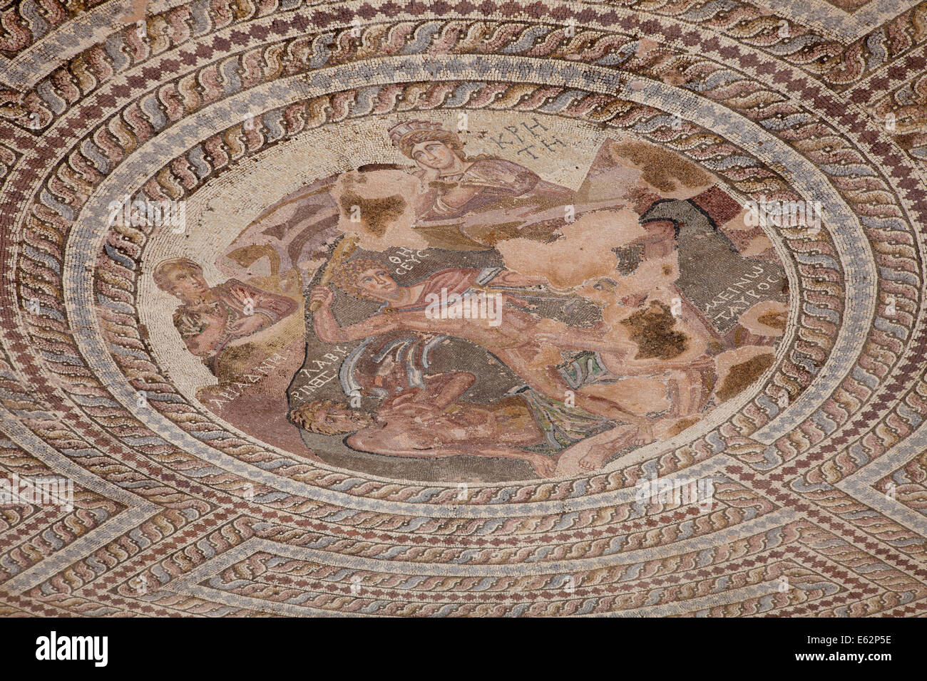 Mosaïque circulaire de Thesus tuant le Minotaure, entouré par le célèbre labyrinthe à l'archéologique de Paphos, Chypre Banque D'Images