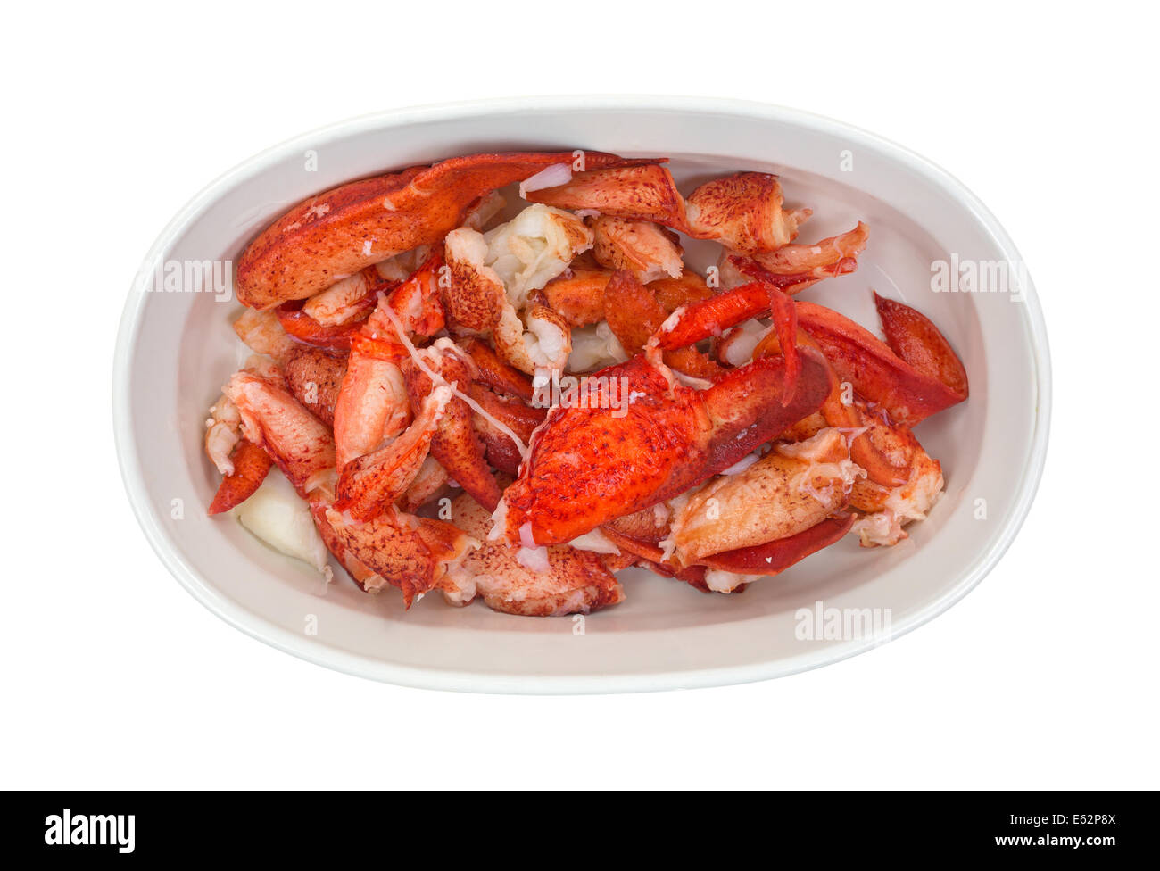 Vue de dessus du homard cuit dans un ovale allant au four sur un fond blanc. Banque D'Images