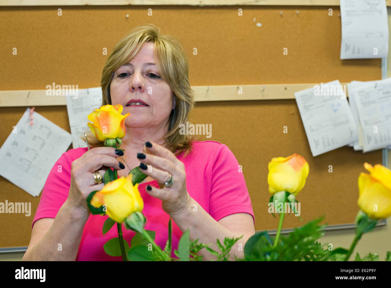 Canton, Michigan - un travailleur prépare un arrangement floral à Keller et Stein Fleuriste. Banque D'Images