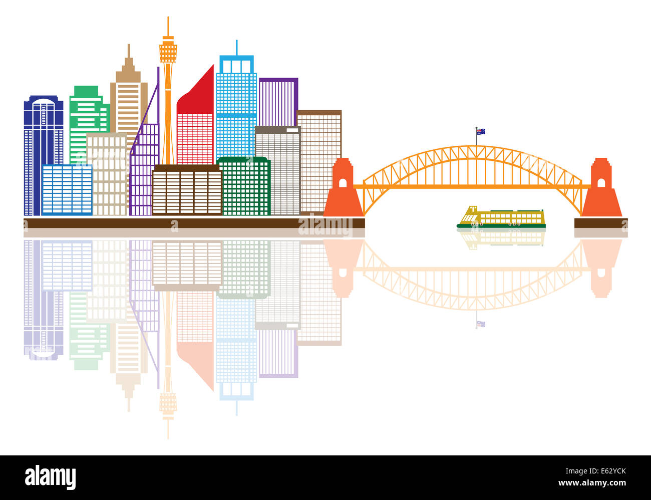 Australie Sydney Harbour Bridge Repères Skyline avec réflexion couleur isolé sur fond blanc Illustration Banque D'Images