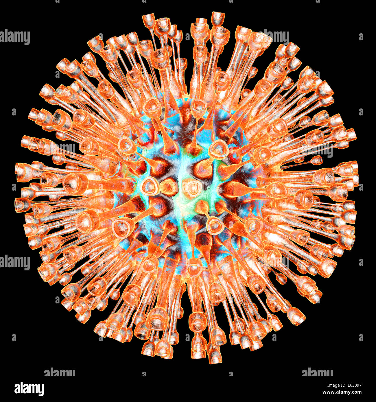 Une visualisation médicale d'un herpès virus isolé sur fond noir. Banque D'Images