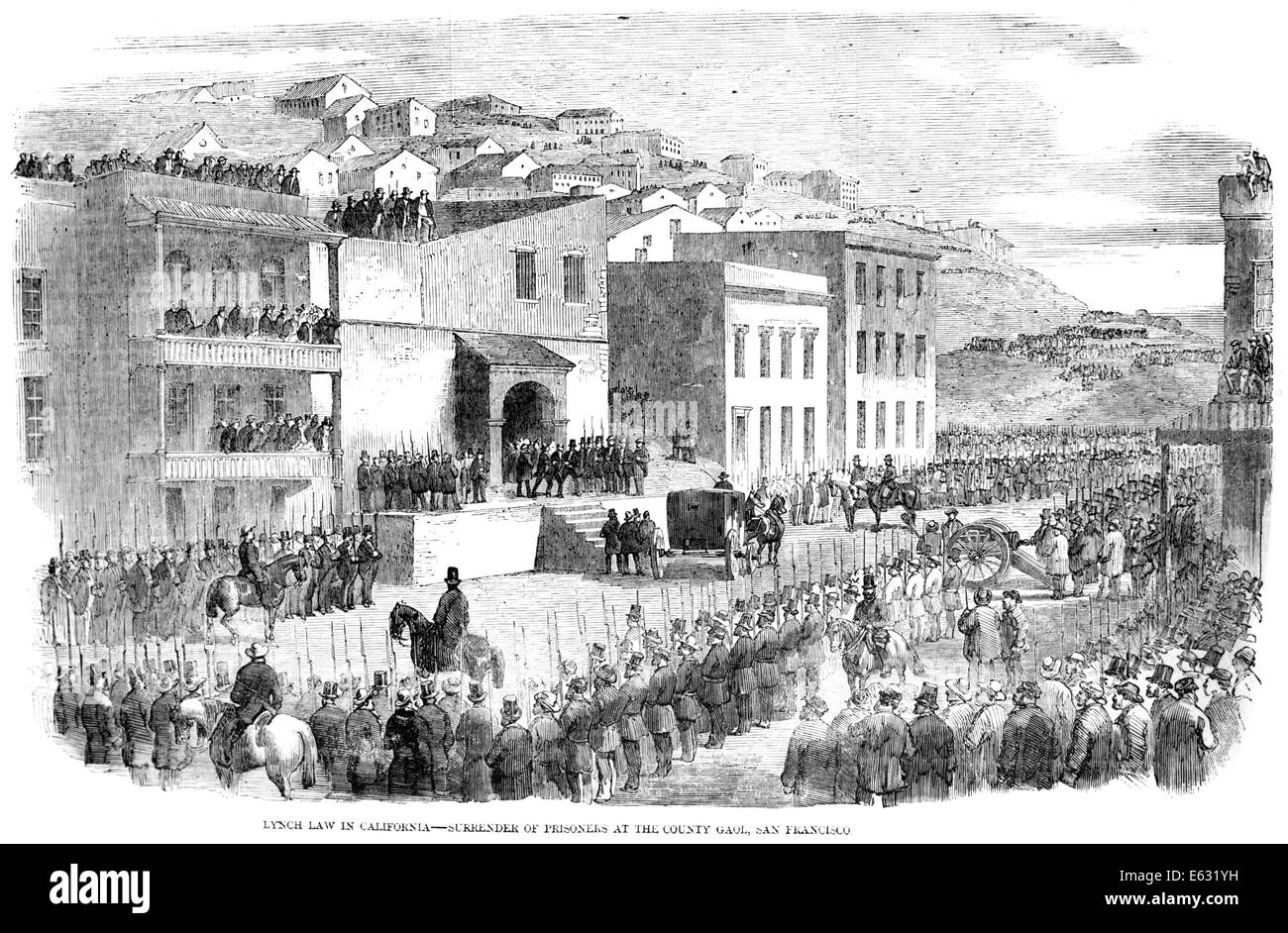 1855 LA PRÉVENTION LYNCH LAW soldats qui escortaient DES PRISONNIERS À LA PRISON DE CHARIOT SAN FRANCISCO CALIFORNIA USA Banque D'Images