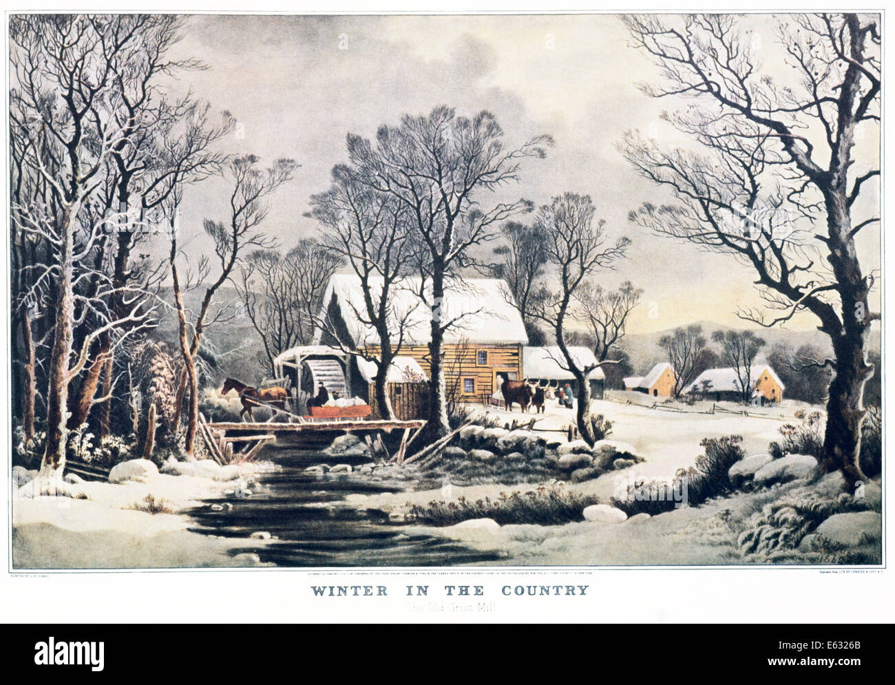 Années 1860, l'HIVER DANS LE PAYS L'OLD GRIST MILL CURRIER & IVES IMPRIMER 1864 Banque D'Images