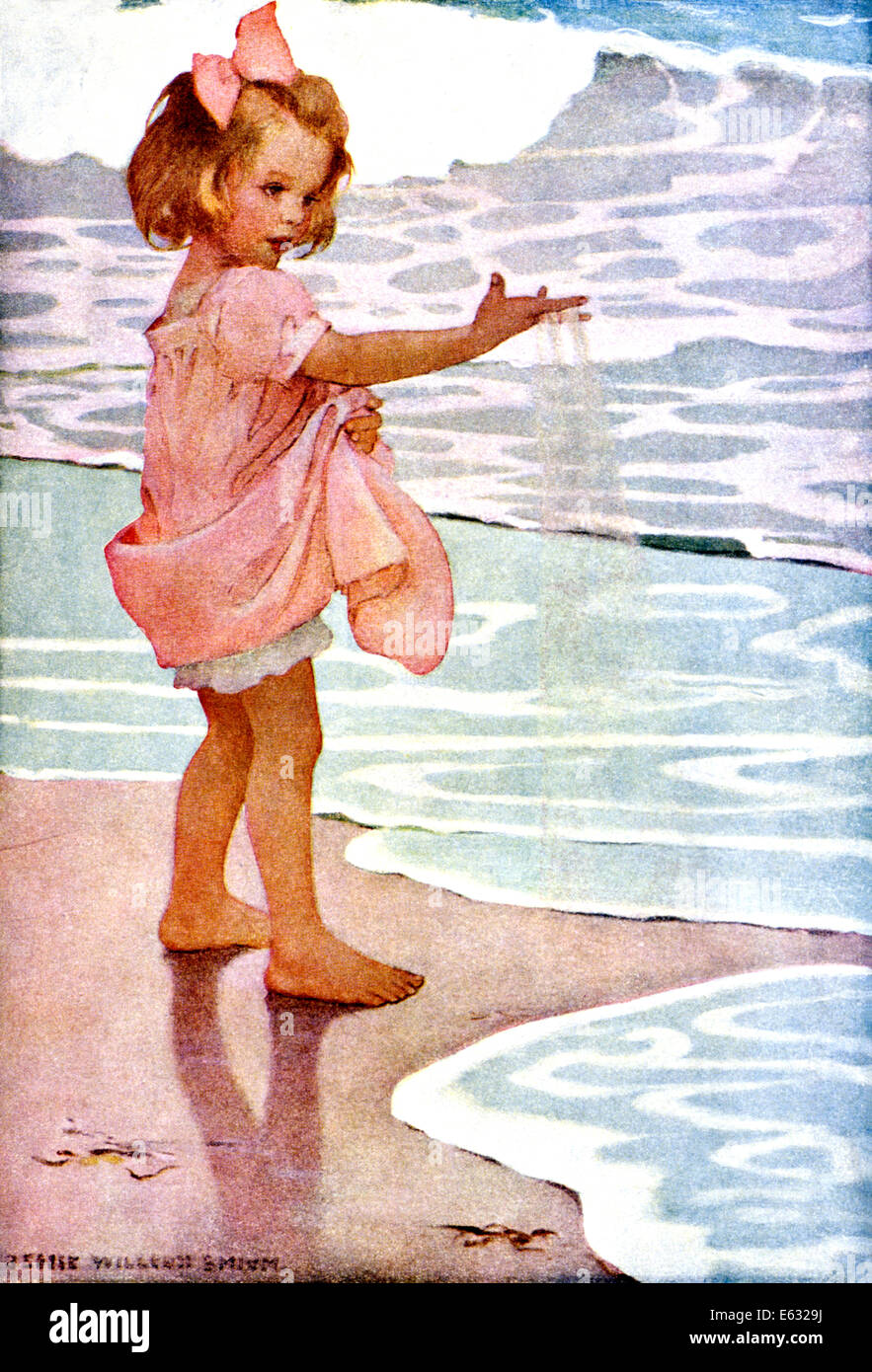 Années 1910 JESSIE WILLCOX SMITH ILLUSTRATION GIRL AT BEACH POUR POÈME PETITES GOUTTES D'EAU PEU DE GRAINS DE SABLE Banque D'Images