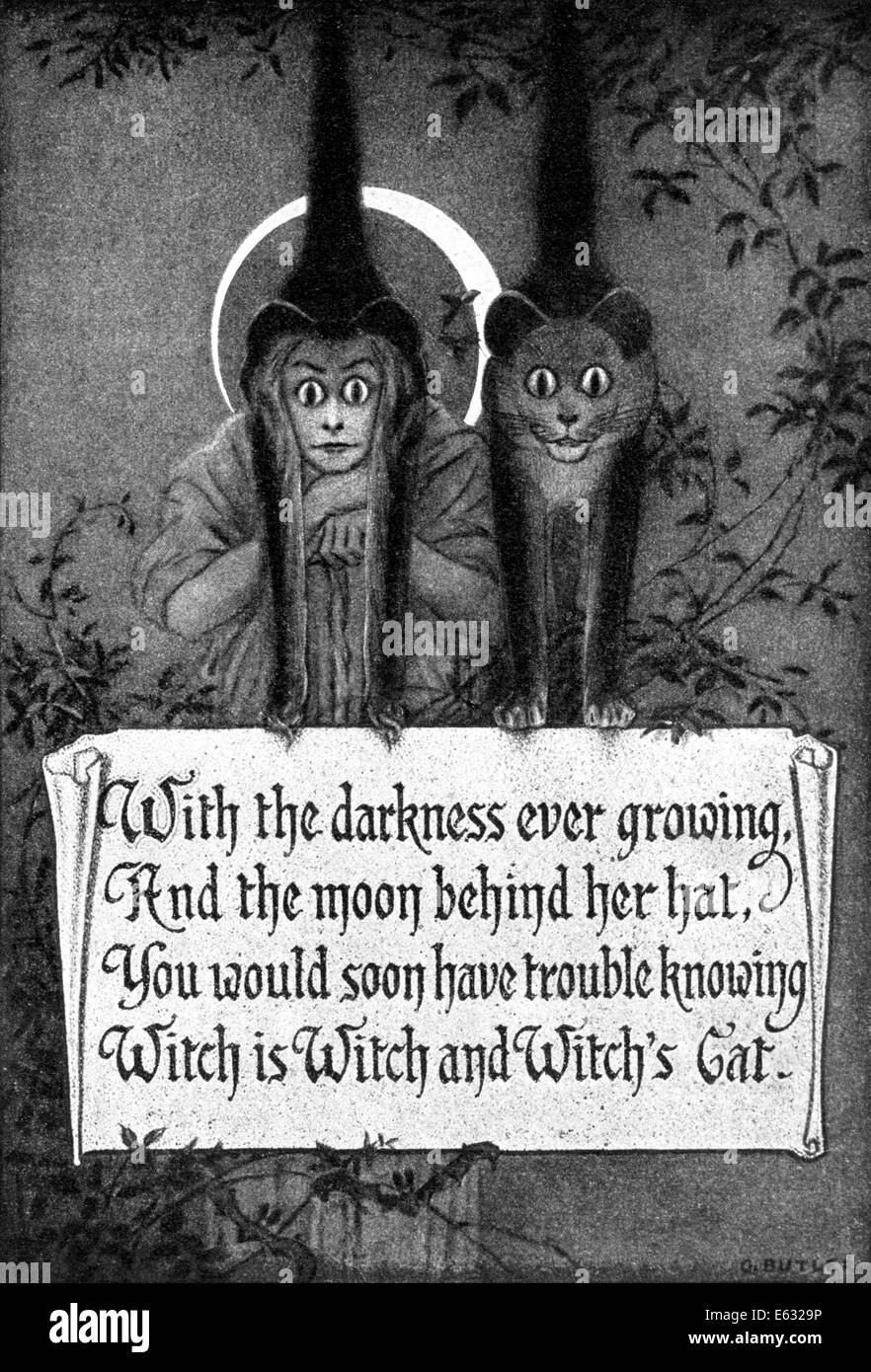 Comptine d'HALLOWEEN ILLUSTRATION POÈME SORCIÈRE ET CHAT Banque D'Images
