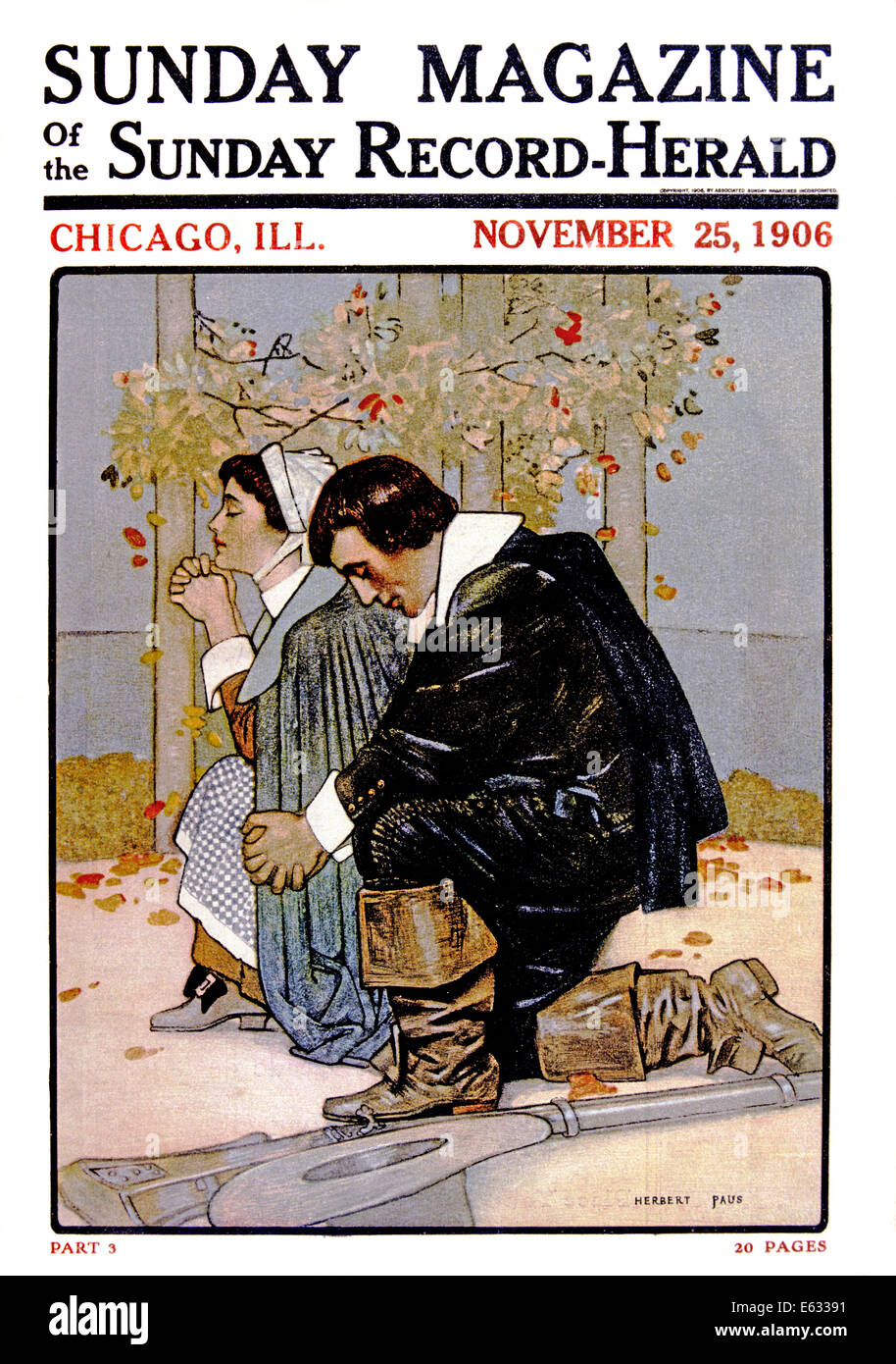 Années 1600 à genoux en prière COUPLE PÈLERIN MAGAZINE 1906 ILLUSTRATION Banque D'Images