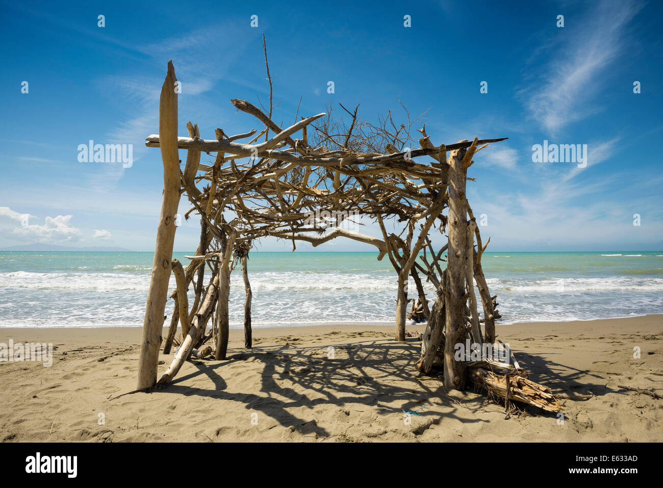 Construction Bois flotté, plage naturelle en Albarese, Parc Naturel de la Maremme, à Grosseto, Toscane, Italie Banque D'Images