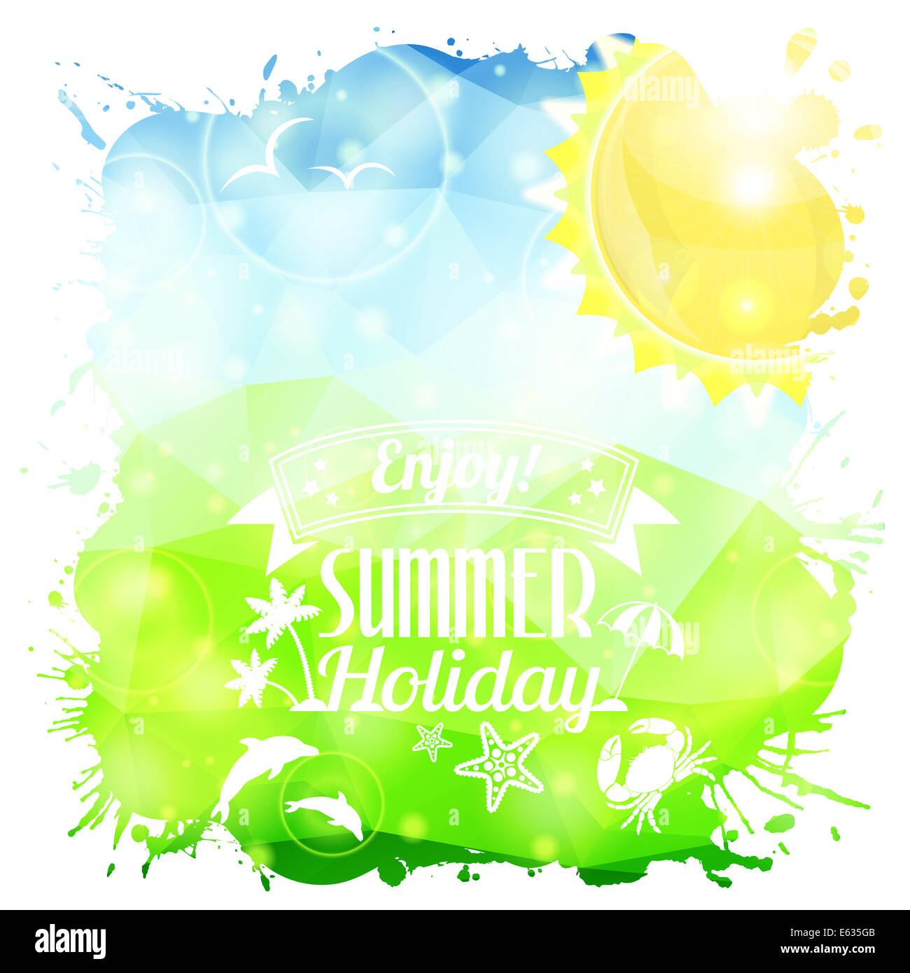 Sur l'affiche de l'été grunge modèle mosaïque colorée Triangle avec palmier, Dolphin, Crabe, soleil et typographie Banque D'Images