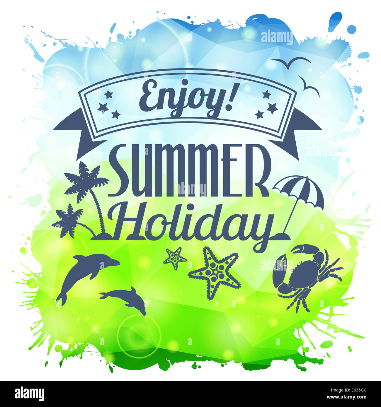 Sur l'affiche de l'été grunge modèle mosaïque colorée Triangle avec palmier, Dolphin, Crabe et typographie Banque D'Images