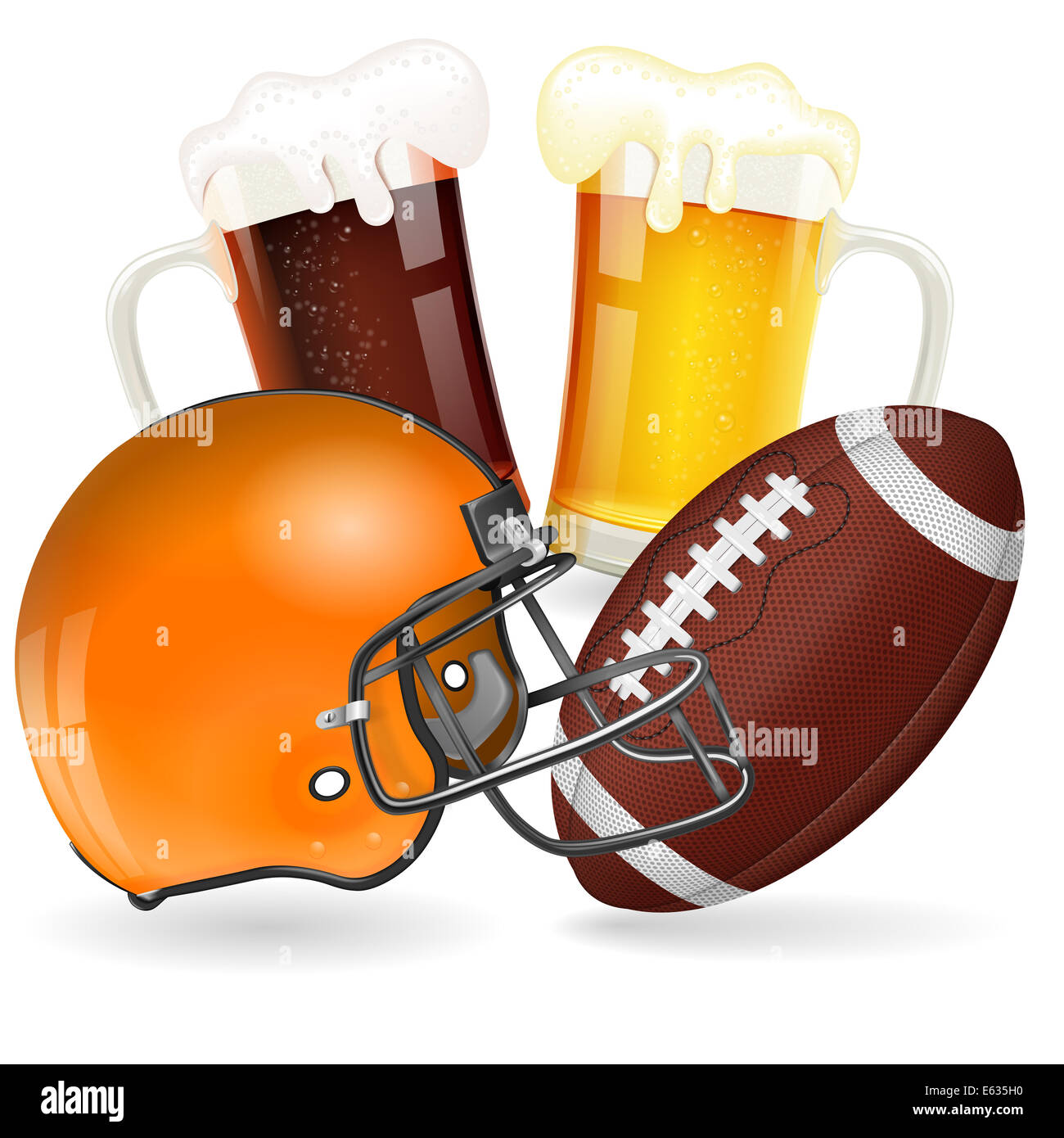 Le football américain affiche avec casque, Ball et verres de bière, isolé sur fond blanc Banque D'Images