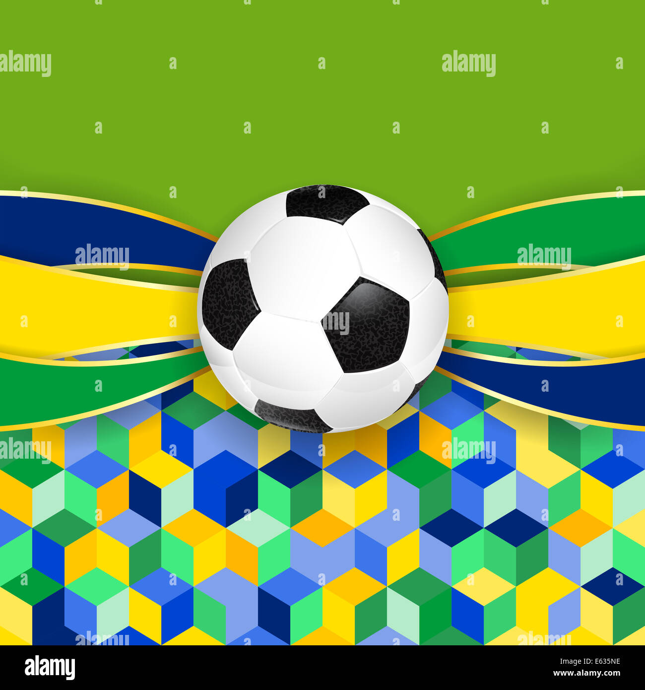 Ballon de soccer avec des rubans et motif en mosaïque en couleur d'un drapeau Brésil Banque D'Images