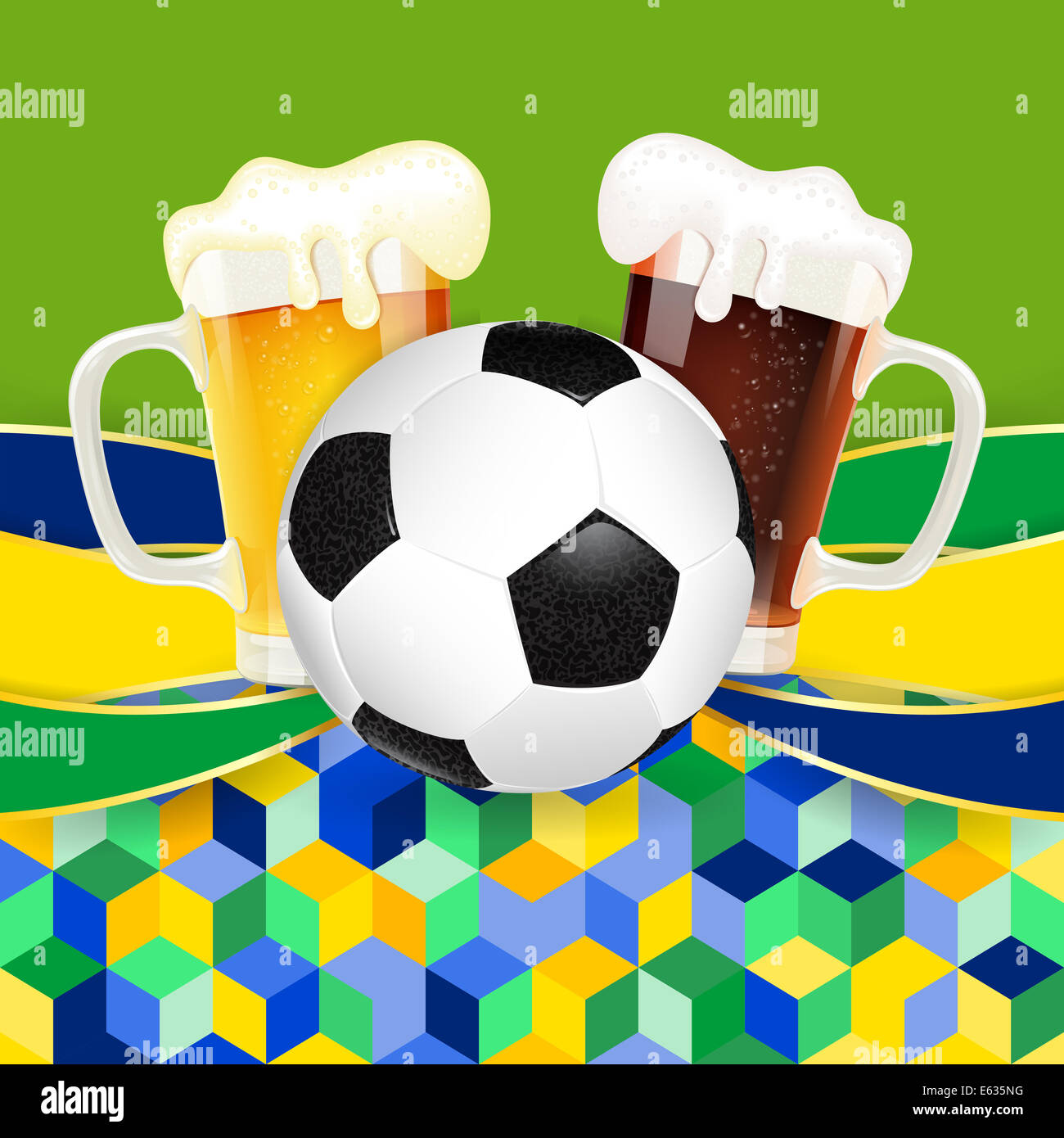 Ballon de soccer avec des verres de bière, des rubans et motif en mosaïque en couleur d'un drapeau Brésil Banque D'Images