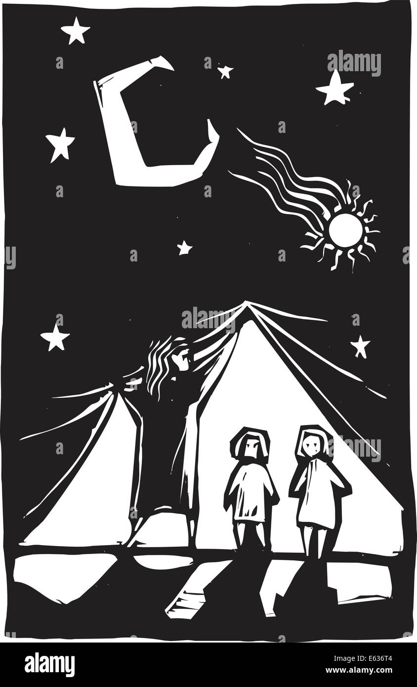 Deux enfants ont révélé derrière un rideau d'étoiles. Illustration de Vecteur