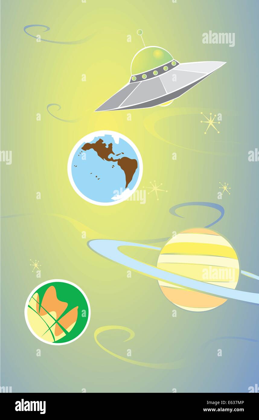 Planètes du système solaire rétro avec soucoupe volante. Illustration de Vecteur