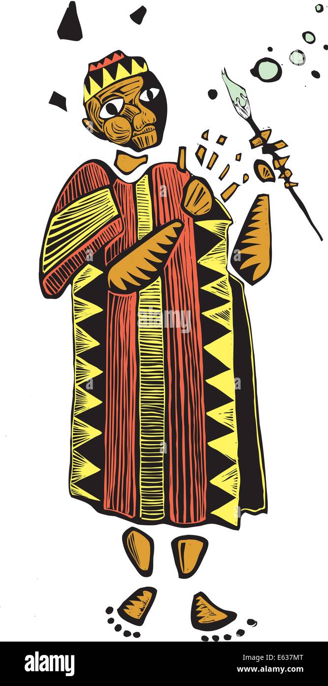 Un homme en vêtements à motifs africains et pinceaux. Illustration de Vecteur