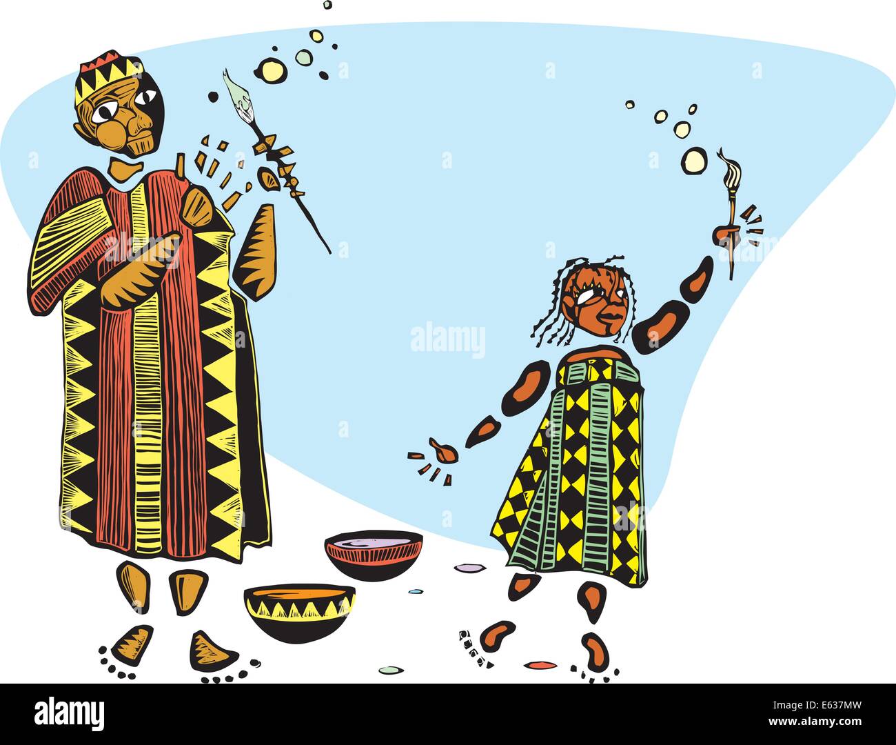 Père et fille dans des vêtements à motifs africains et pinceaux. Illustration de Vecteur