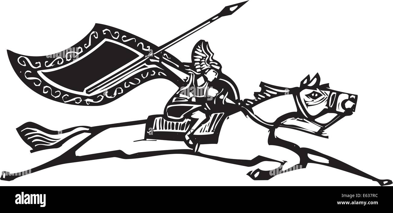 Image style gravure sur bois d'un Valkyrie scandinaves à cheval brandissant une lance. Illustration de Vecteur
