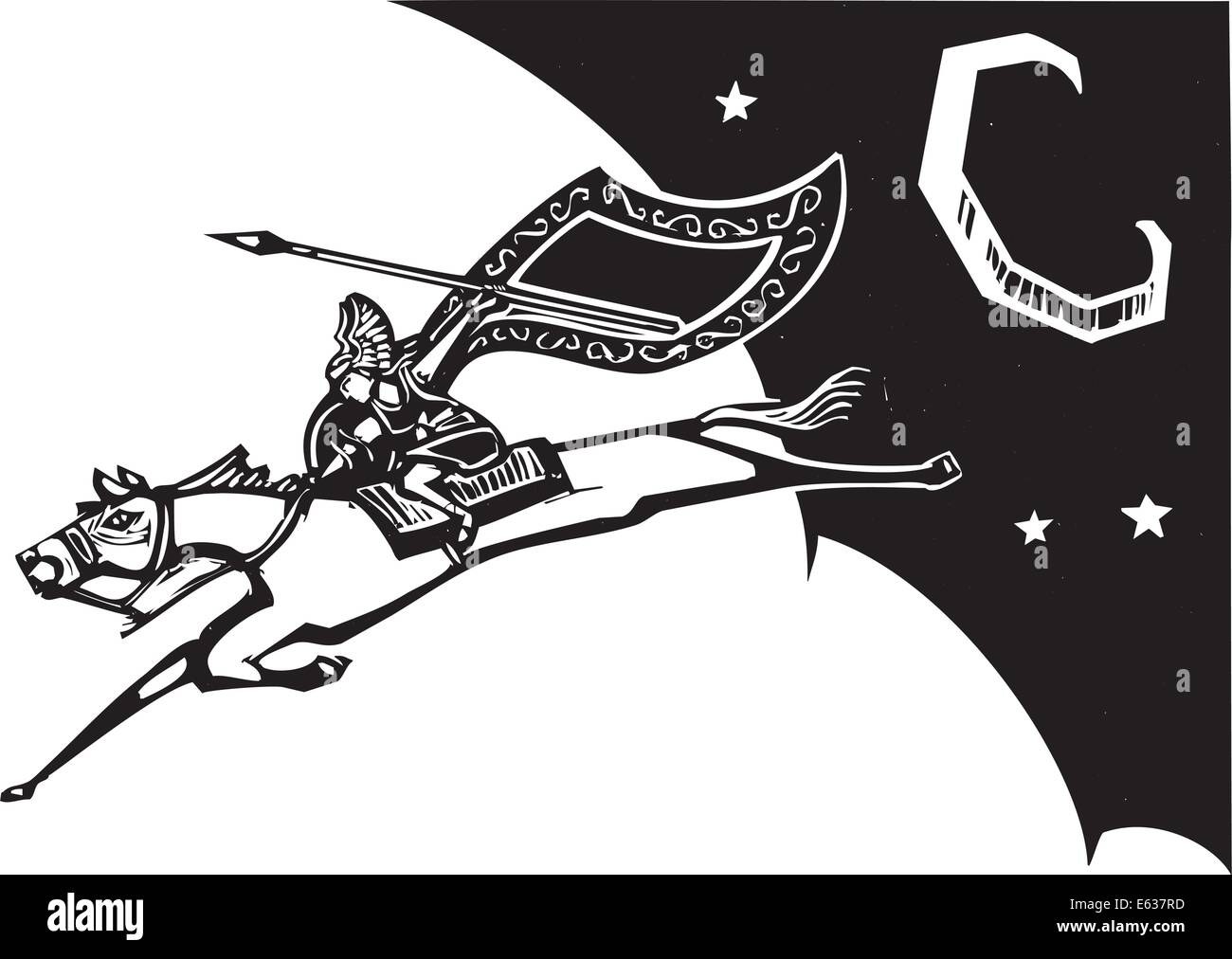 Image style gravure sur bois d'un Valkyrie scandinaves équitation un cheval et volant dans le ciel. Illustration de Vecteur