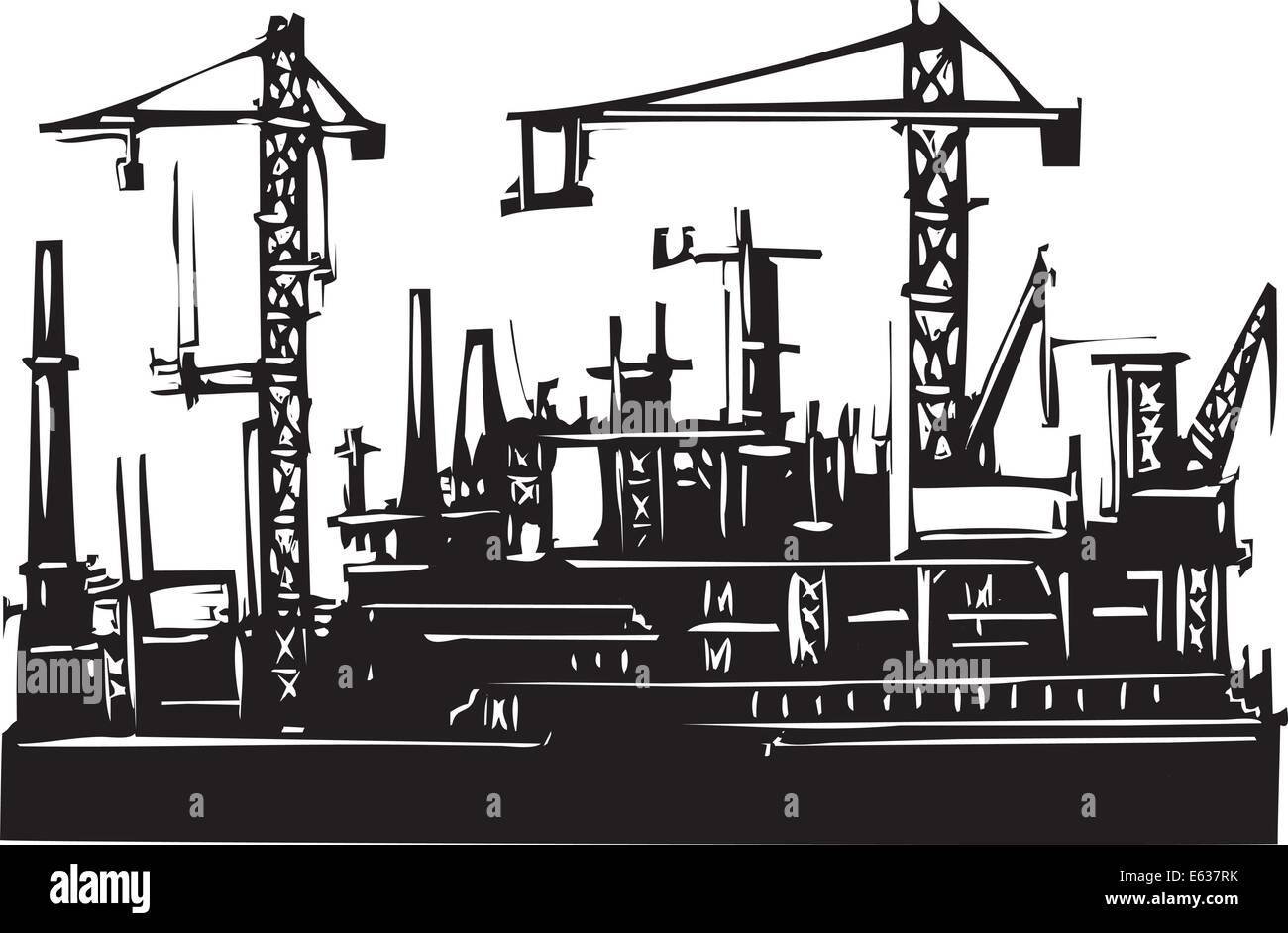 Image Style gravure sur bois d'un port de mer avec des grues et de la construction. Illustration de Vecteur