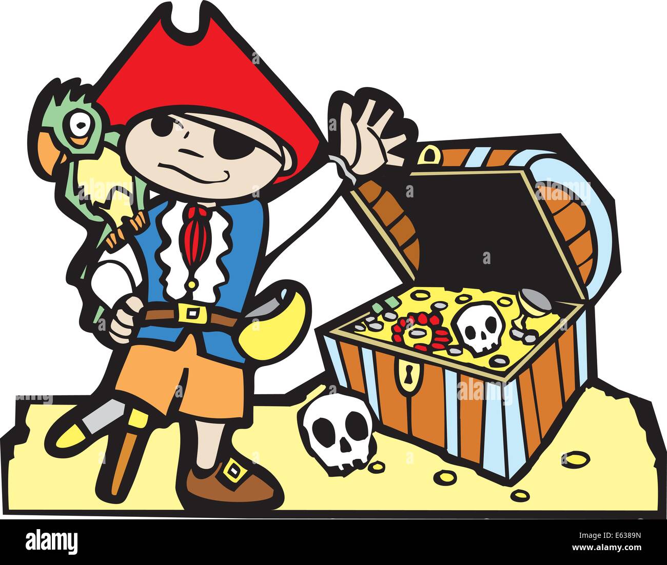 Coffre au Trésor des pirates avec des pièces d'or, crânes et garçon en costume de pirate. Illustration de Vecteur