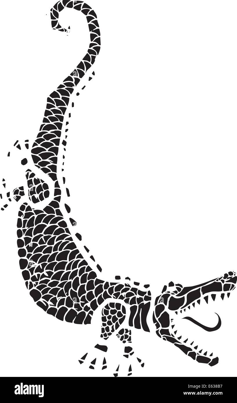 Gravure sur bois, d'un alligator avec une queue de curling. Illustration de Vecteur