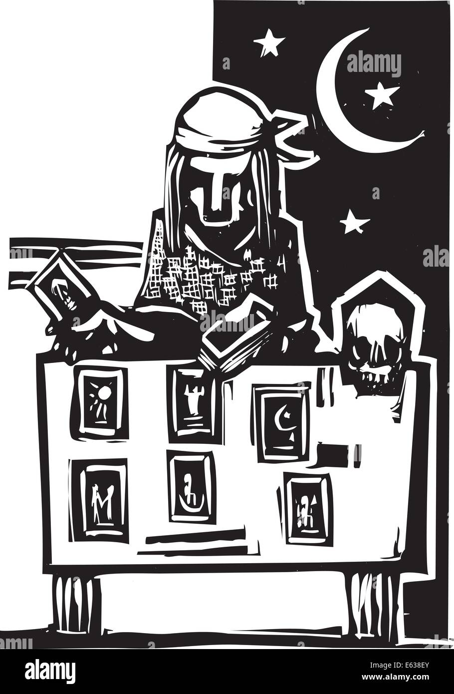 Image style gravure sur bois d'un gitan de donner une lecture du tarot. Illustration de Vecteur