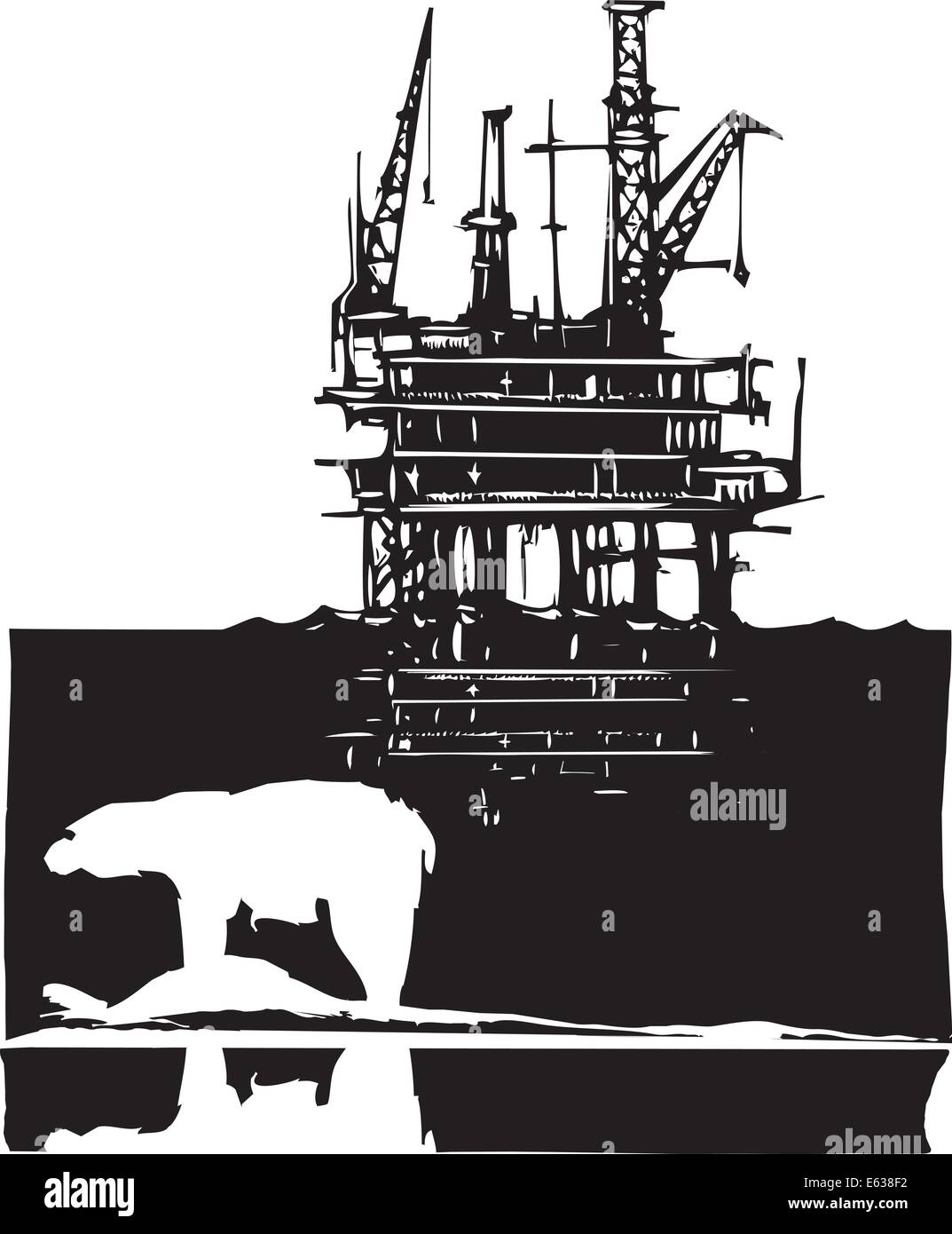 Image style gravure sur bois d'un ours polaire et une plate-forme pétrolière dans l'Arctique. Illustration de Vecteur