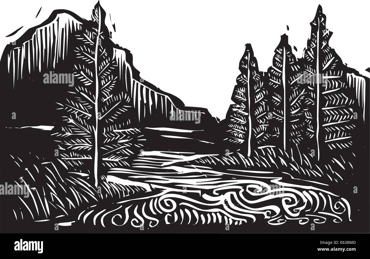 Xylographie expressionniste style paysage avec des arbres et la rivière. Illustration de Vecteur