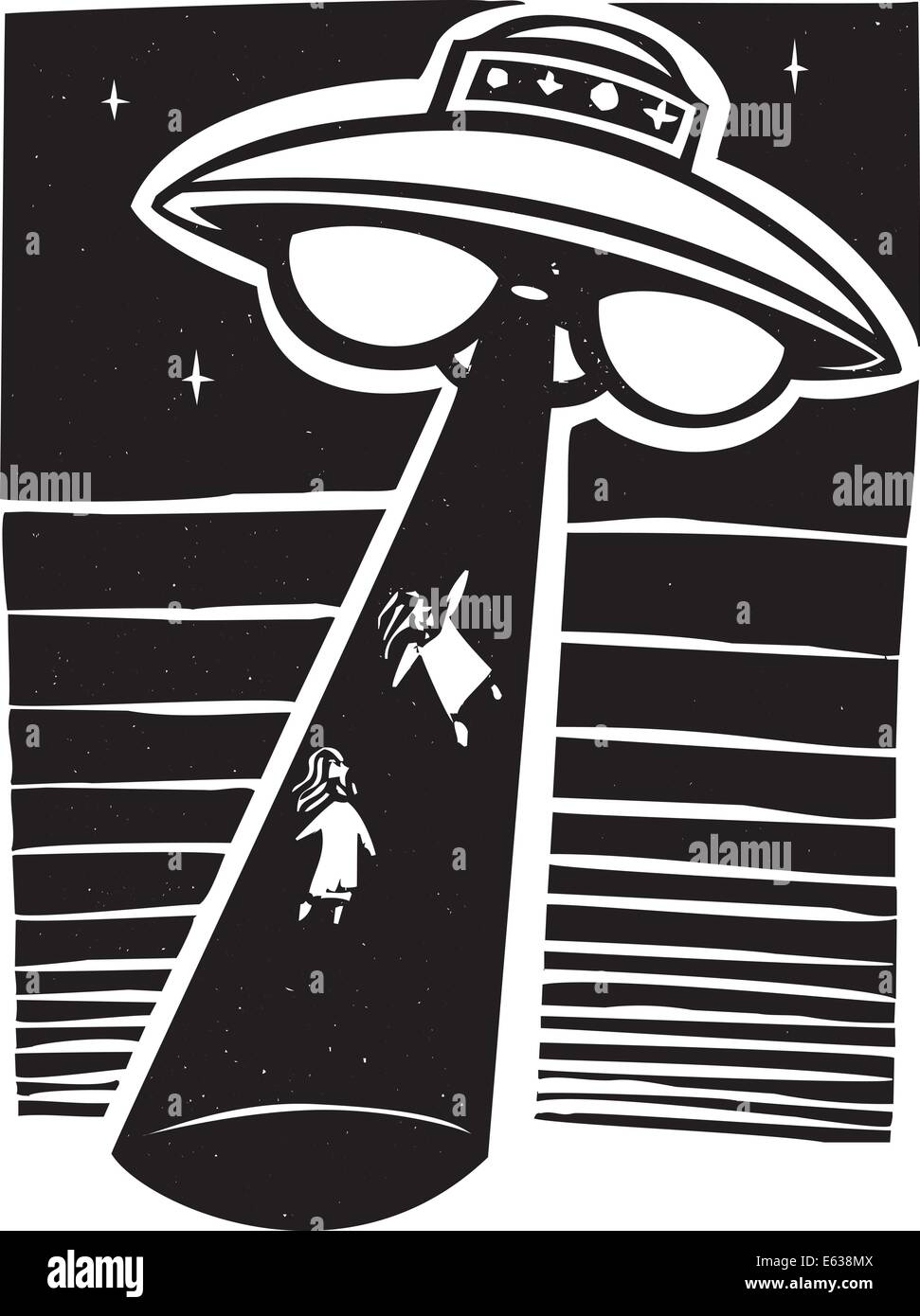 Image style AWoodcut exotiques un alien abduction de nuit avec une soucoupe volante. Illustration de Vecteur