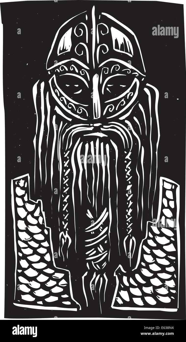 Image style gravure sur bois d'un homme en armure viking barbu. Illustration de Vecteur