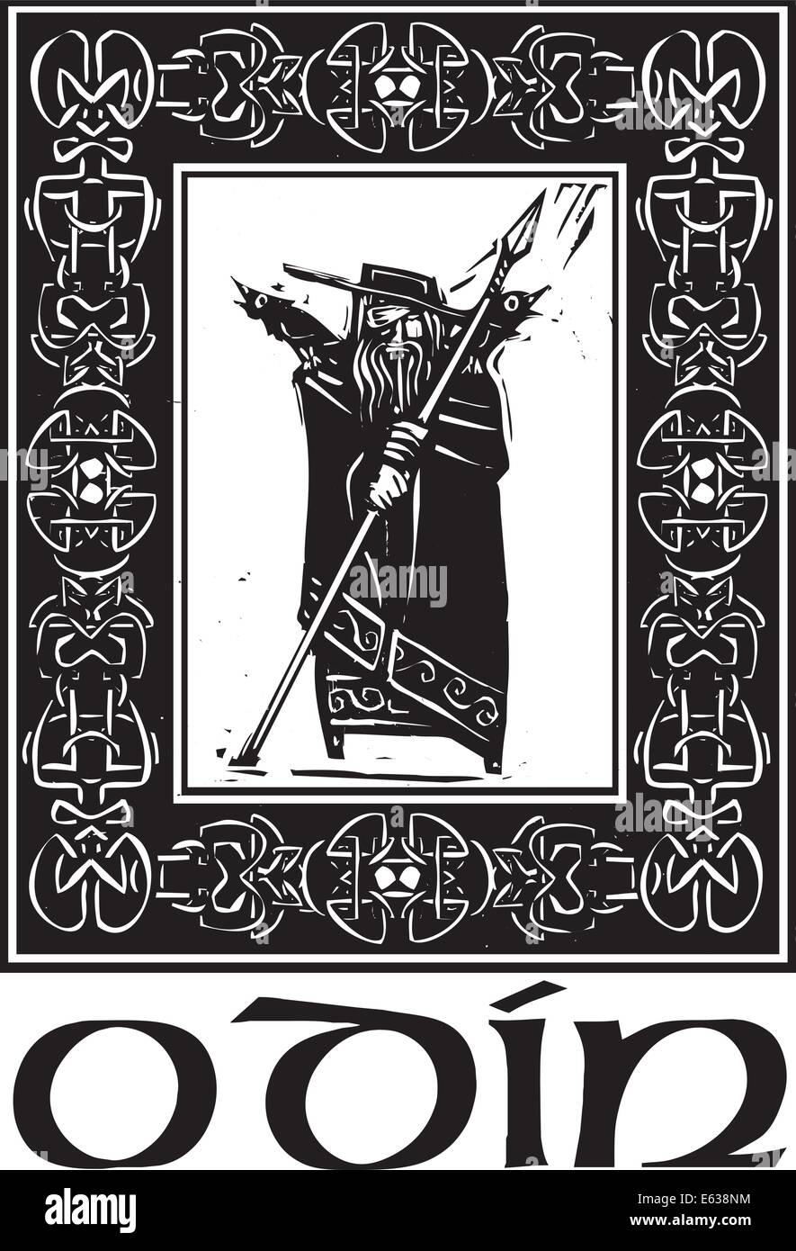 Image style gravure sur bois du dieu Odin Viking celtique dans une frontière. Illustration de Vecteur