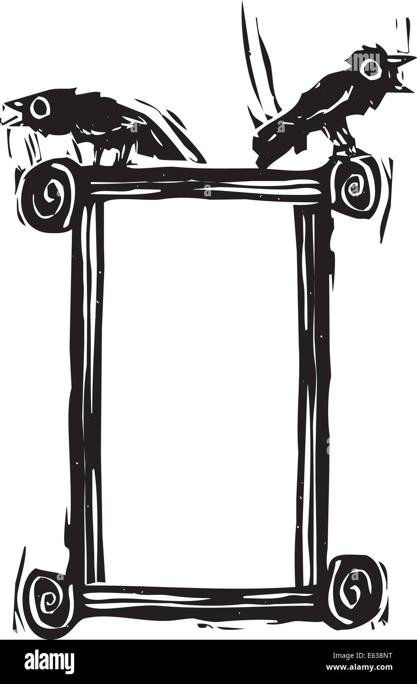 Woodcut style expressionniste crows ou corbeaux assis sur le haut d'une trame. Illustration de Vecteur