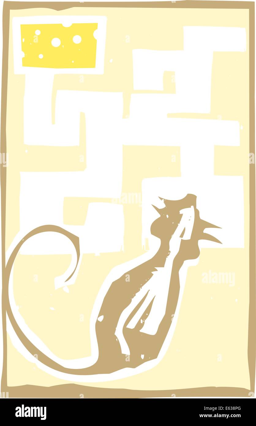 Gravure sur bois de style libre expressionniste d'une souris dans un labyrinthe de fromage. Illustration de Vecteur