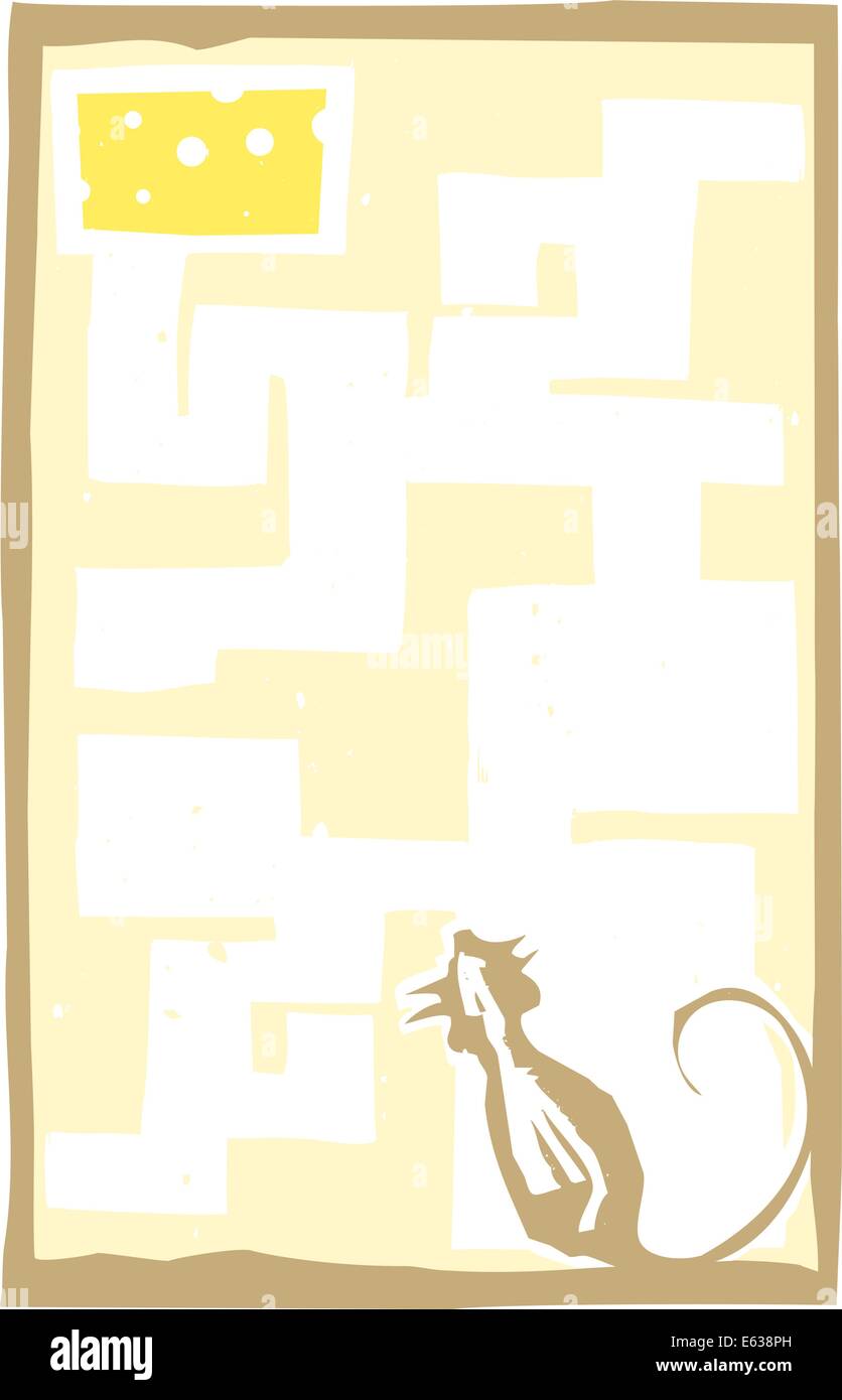 Gravure sur bois de style libre expressionniste d'une souris dans un labyrinthe de fromage. Illustration de Vecteur