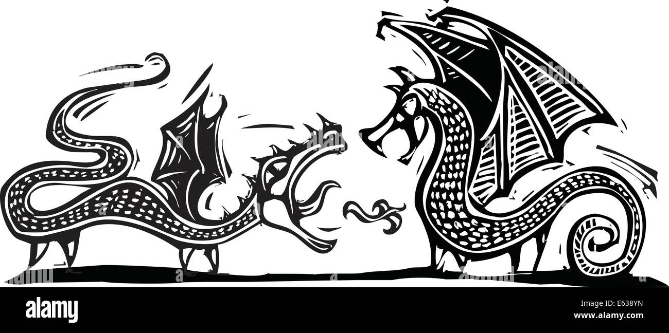 Woodcut style expressionniste image de deux dragons de combat Illustration de Vecteur