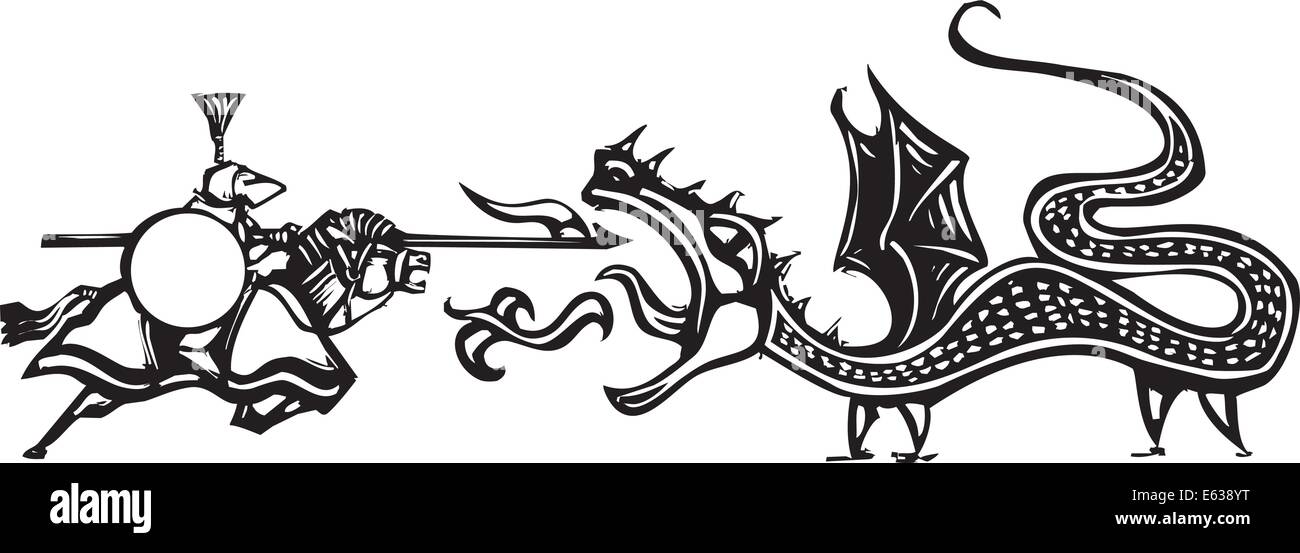 Woodcut style expressionniste de l'image d'un combat avec un chevalier et dragon. Illustration de Vecteur