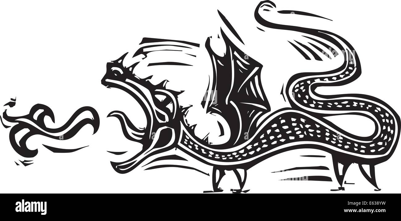 Woodcut style expressionniste image d'un dragon de feu. Illustration de Vecteur
