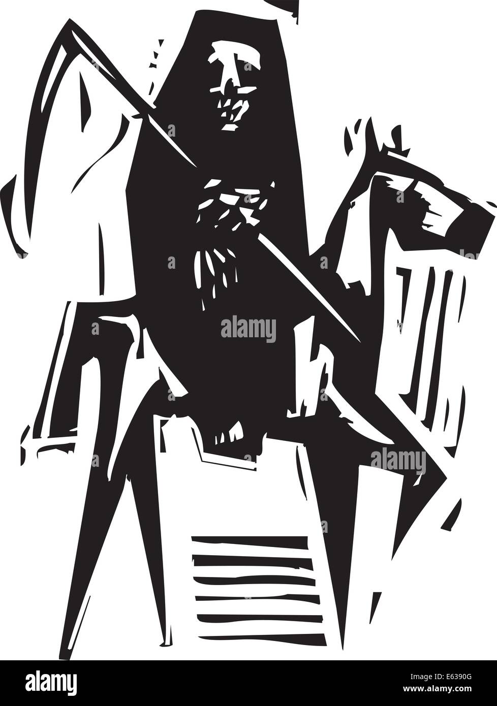 Woodcut style expressionniste image de la mort sur un cheval Illustration de Vecteur