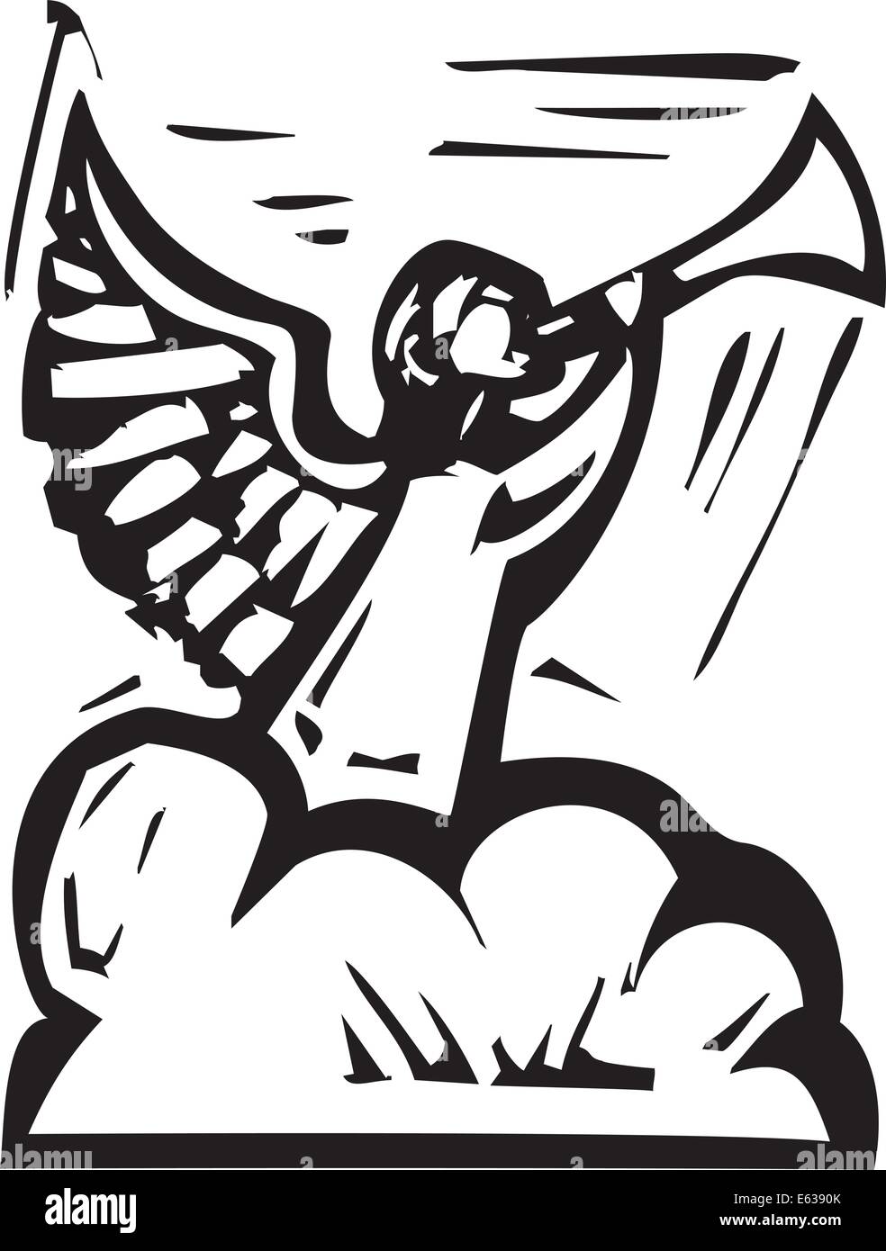Woodcut style expressionniste de droit d'un ange dans les nuages, soufflant une trompette. Illustration de Vecteur