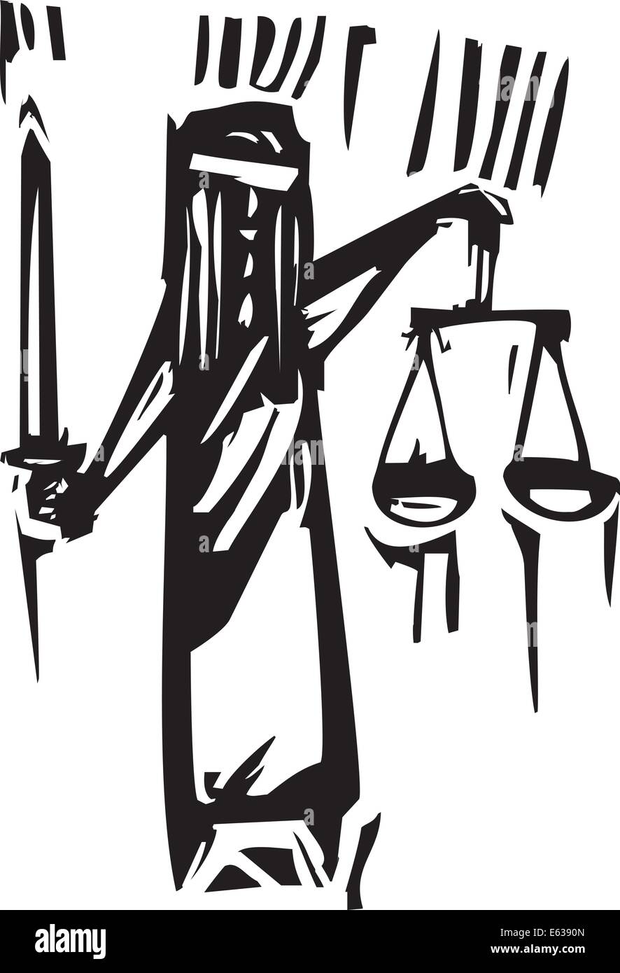 Woodcut style expressionniste de la métaphore pour une justice aveugle. Illustration de Vecteur