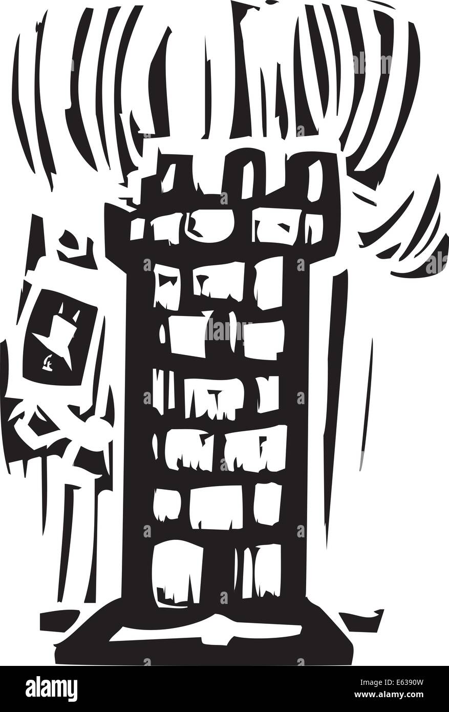Woodcut style expressionniste d'une tour du château avec une personne de tomber Illustration de Vecteur