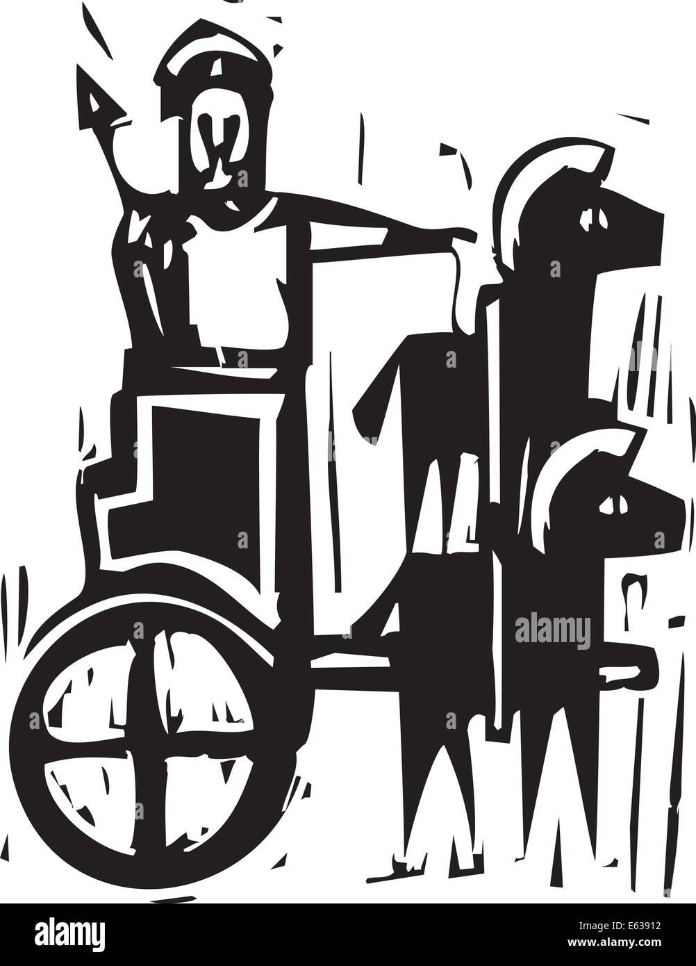 Woodcut style expressionniste de droit un guerrier grec dans un char attelé de deux chevaux Illustration de Vecteur
