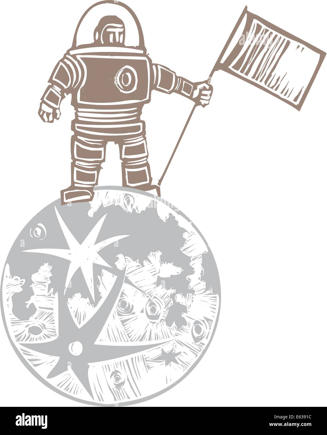 Gravure sur bois rétro style plantes astronaute un drapeau sur la lune. Illustration de Vecteur