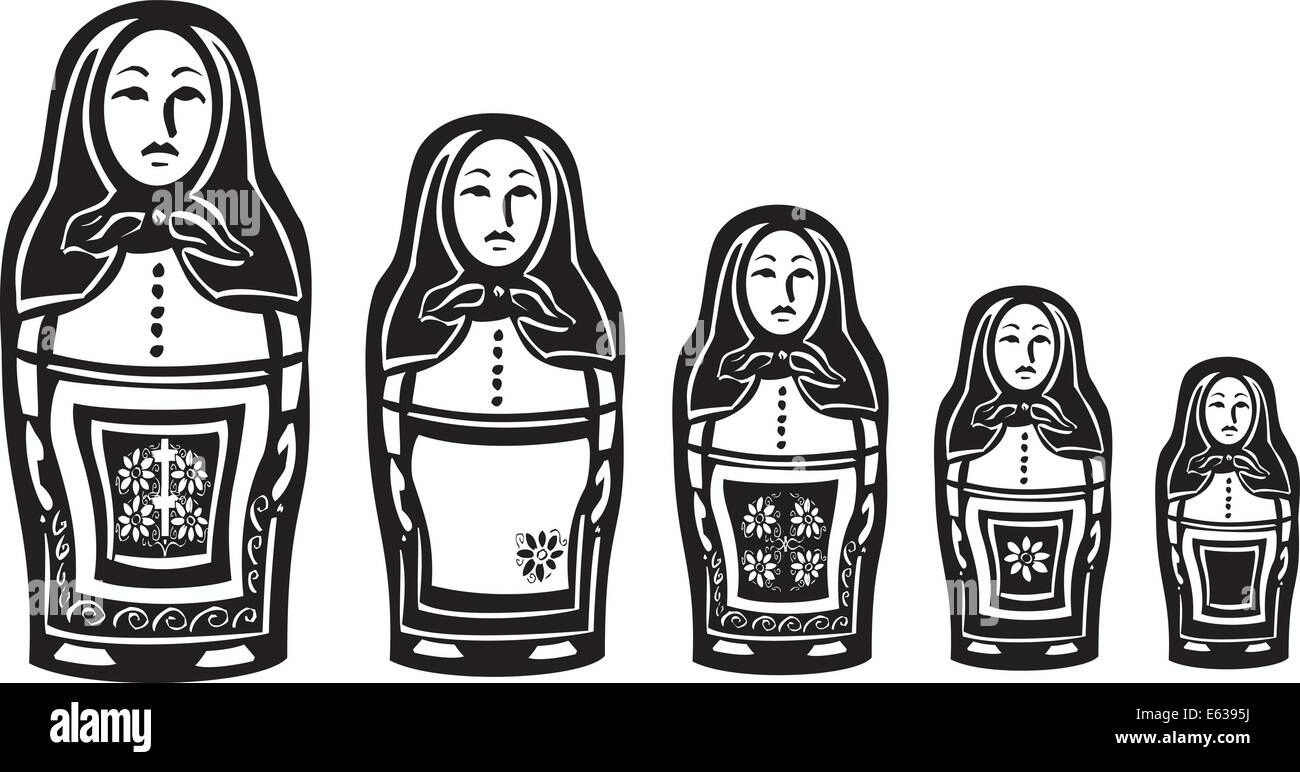 Image style gravure sur bois d'une série de poupées imbriquées russe. Illustration de Vecteur