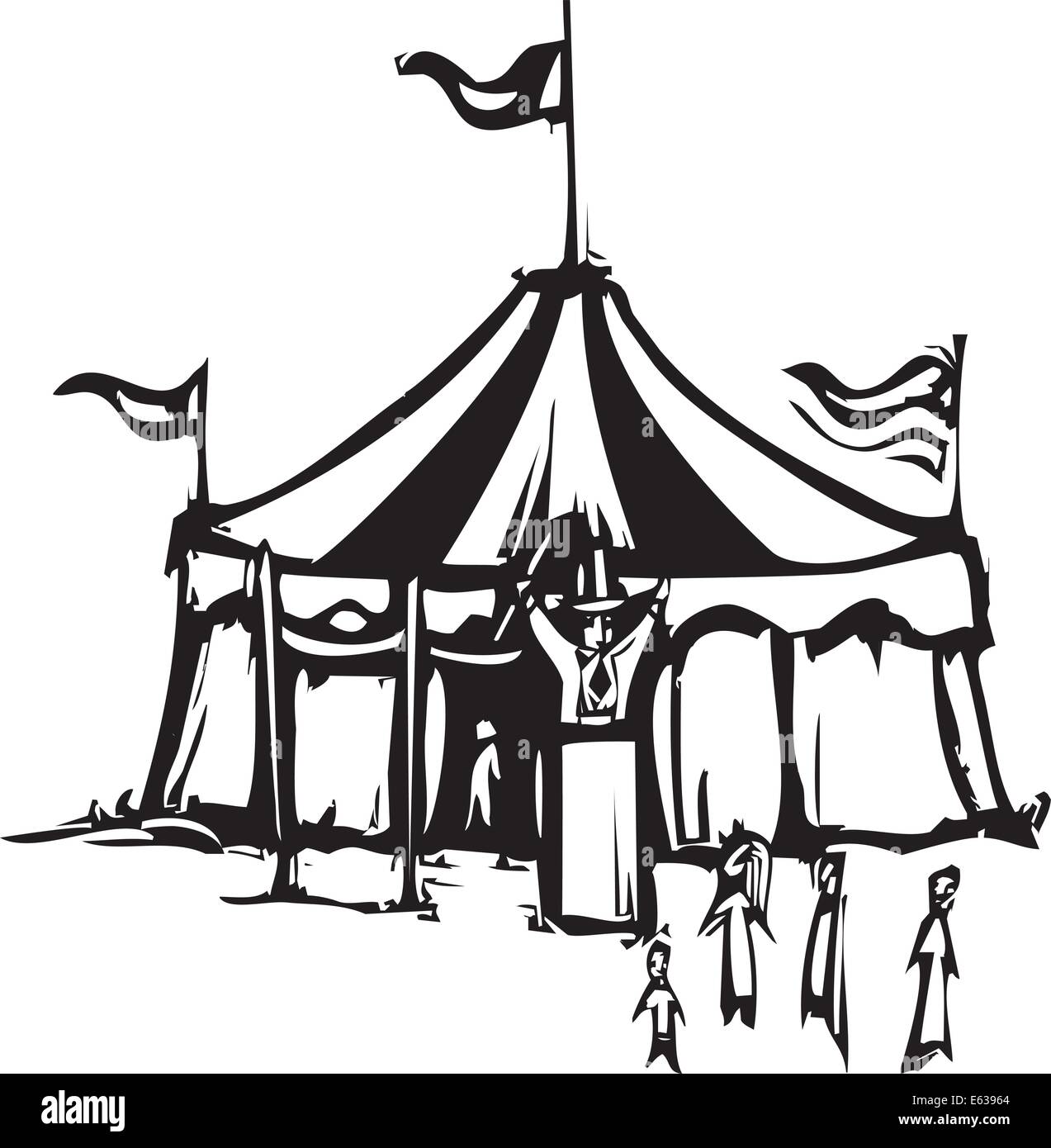 Woodcut style expressionniste de droit d'un carnaval tente de cirque. Illustration de Vecteur