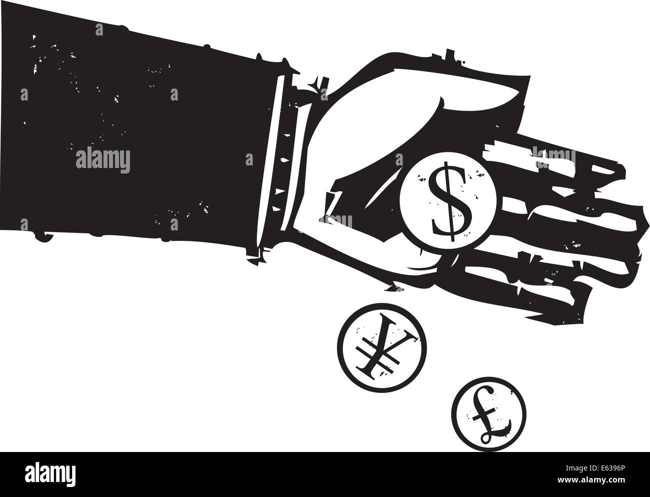 Xylographie expressionniste style image d'une main des banquiers. pièces coulée Illustration de Vecteur